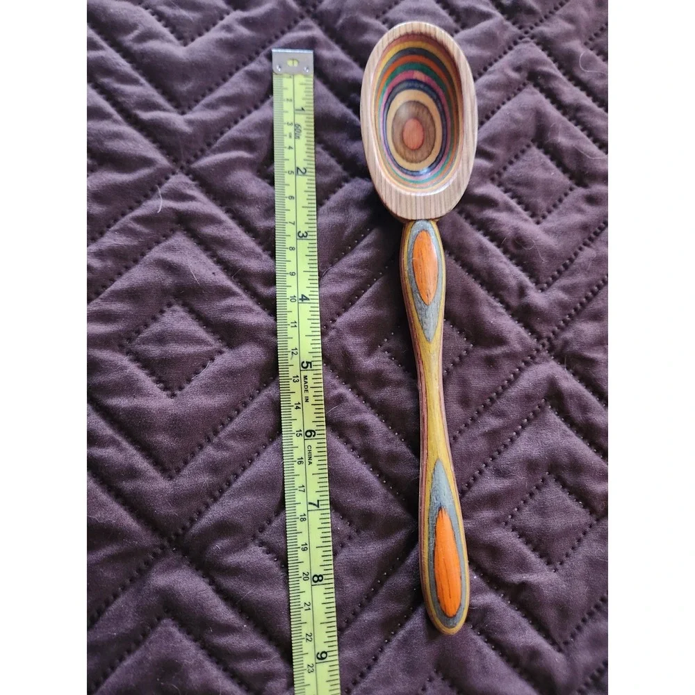 Vintage Rainbow coloured Handmade Wooden Spoon | Wood Intarsia and layered color